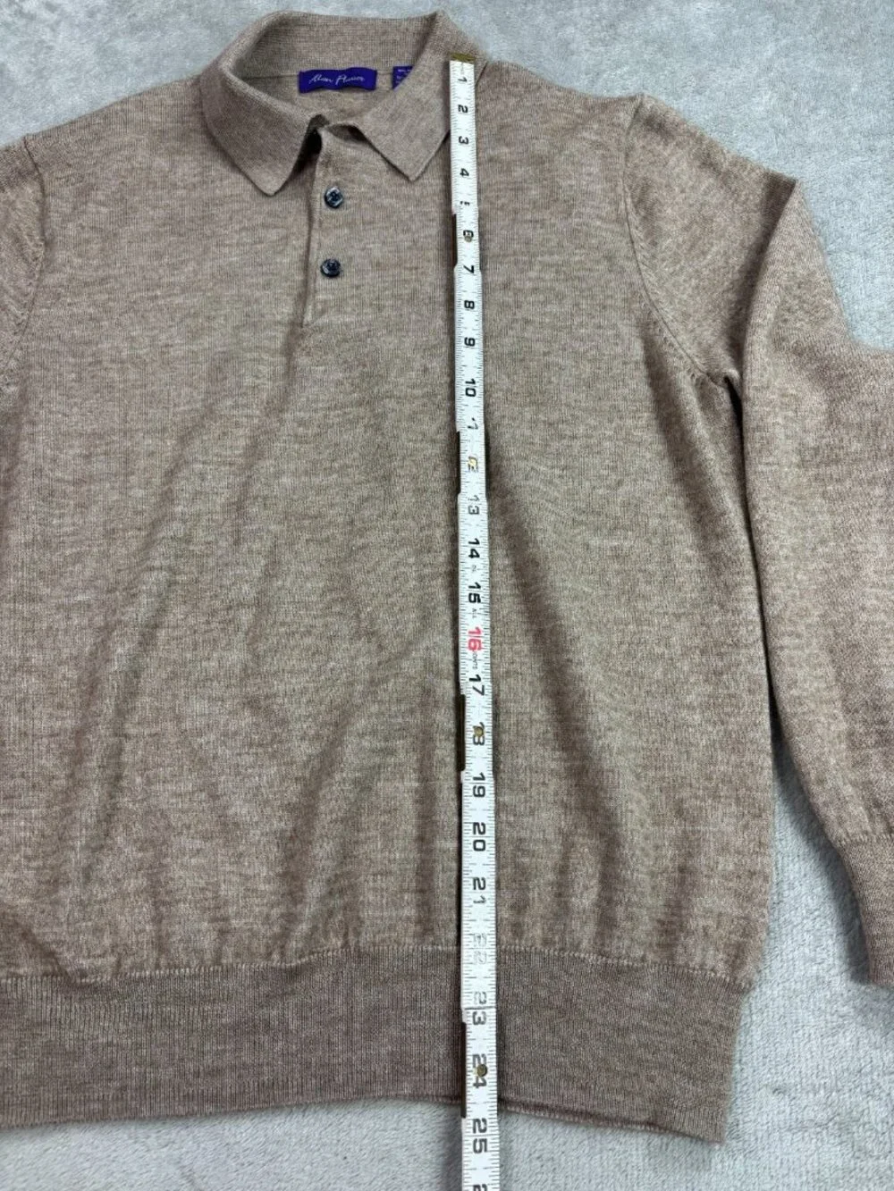 Alan Flusser Classic Polo Sweater Mens Medium Tan Merino Wool Ribbed Hem Golf